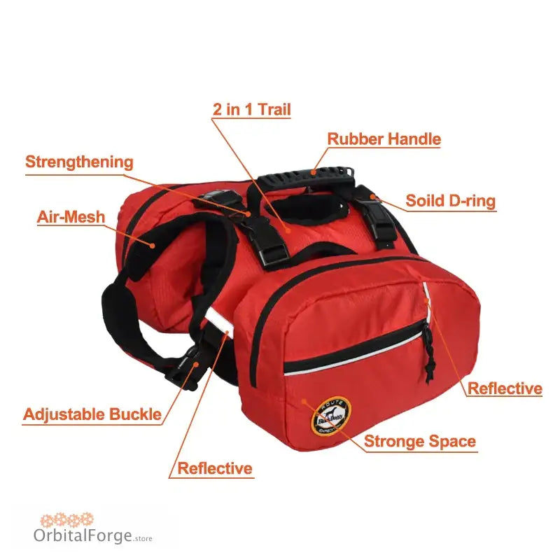 Red dog backpack harness with storage compartments and reflective elements.