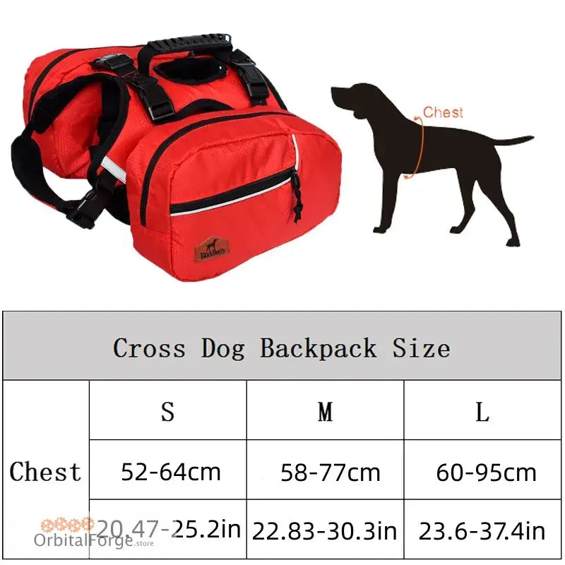 Red dog backpack with black straps and multiple compartments.