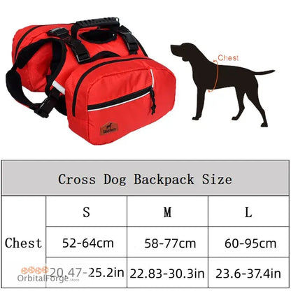 Red dog backpack with black straps and multiple compartments.