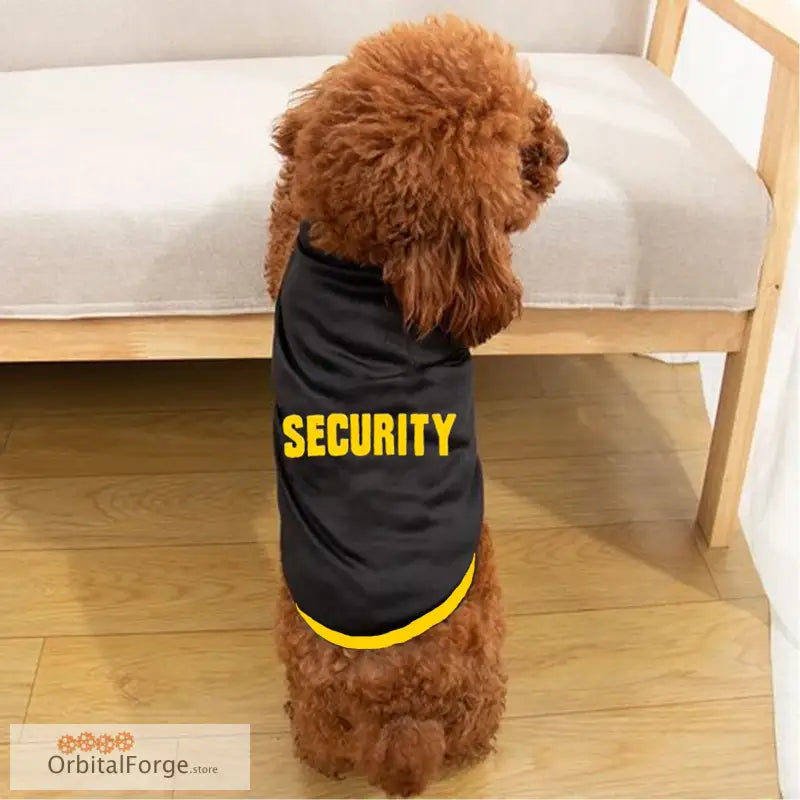 Brown poodle wearing a black ’SECURITY’ vest with yellow trim.