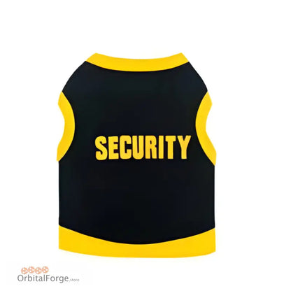 Black sleeveless vest with yellow trim and ’SECURITY’ text printed on it.