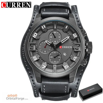 Black leather chronograph watch with a dark gray dial and red accents from the Curren brand.