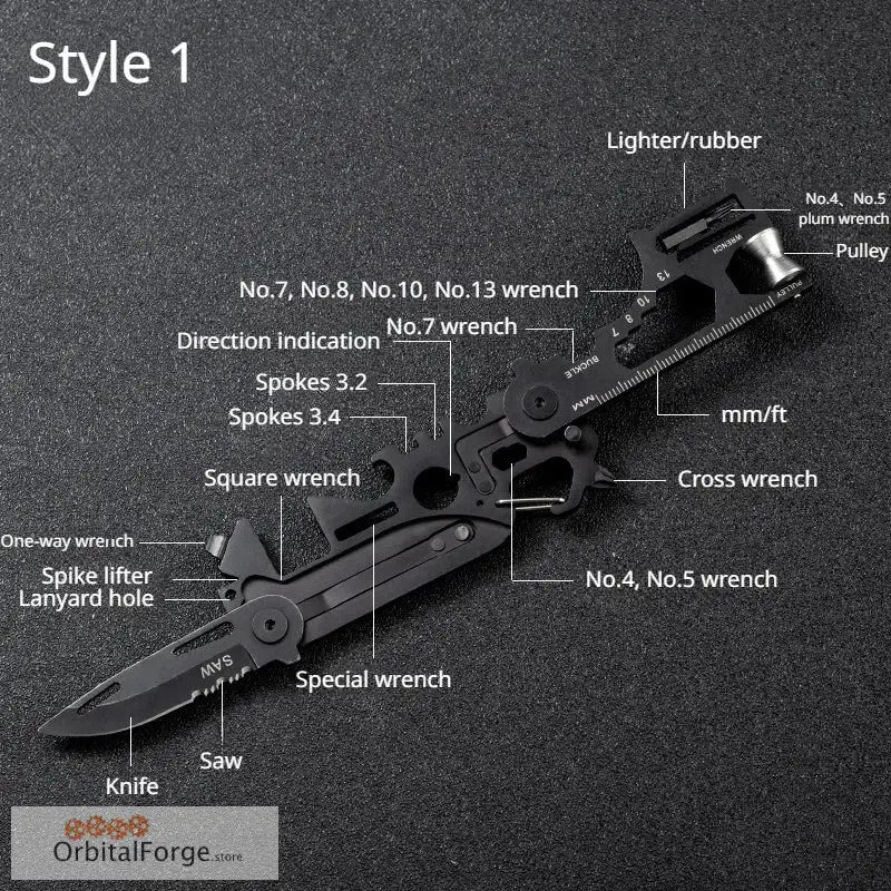 Multi-tool device with various wrenches, a knife, saw, and other utility functions.