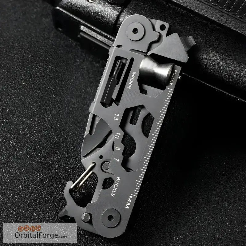 Multi-tool device with various integrated functions in a compact metallic frame.