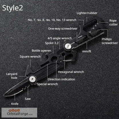 Multi-tool device featuring various wrenches, screwdrivers, a knife blade, and other utility functions.