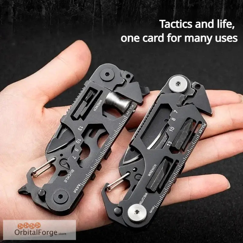 Black multi-tool card with various built-in functions and tools.