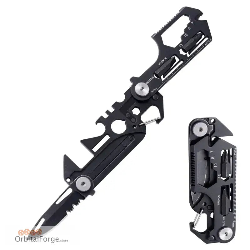 Black multi-tool device with a folding knife blade and various integrated tools.