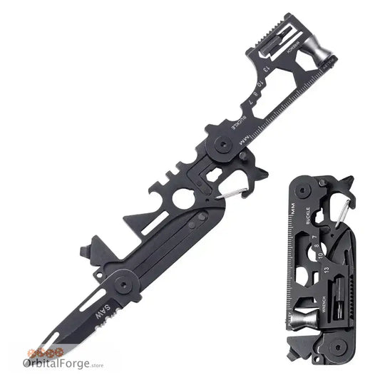 Black multi-tool with a folding knife blade and various integrated tools.