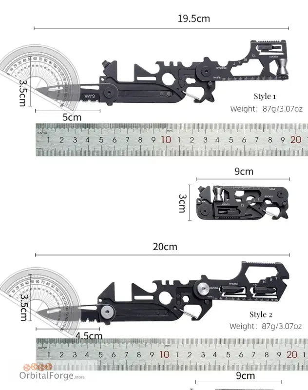 Black metal multi-tool ruler with protractor and geometric measurement features.