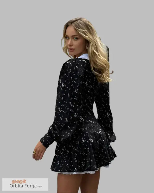 Black floral print mini dress with Peter Pan collar and bell sleeves for stylish flair