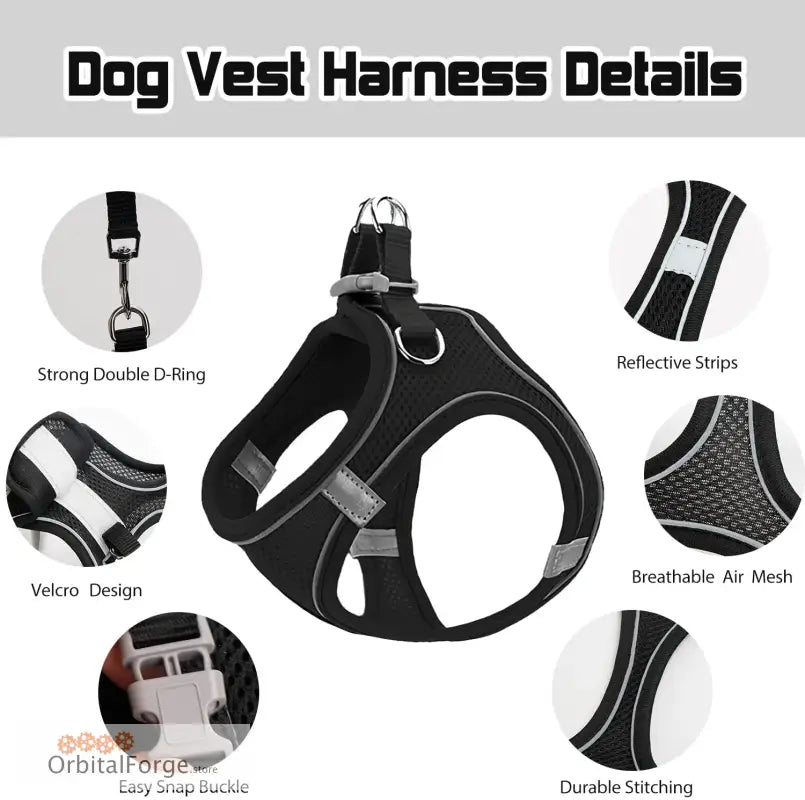 Black Reflective & Breathable Dog Harness Leash Set - Adjustable Comfort for Puppy Outdoor Travel All Seasons