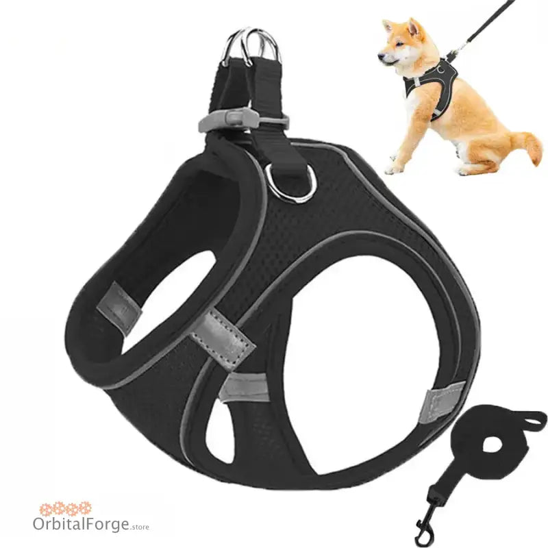 Black Reflective & Breathable Dog Harness Leash Set - Adjustable Comfort for Puppy Outdoor Travel All Seasons