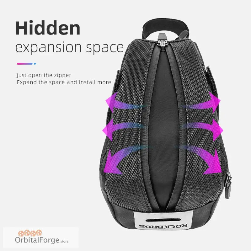 Black backpack with expandable mesh sides on Black Saddle Bag with Shockproof 3D Shell