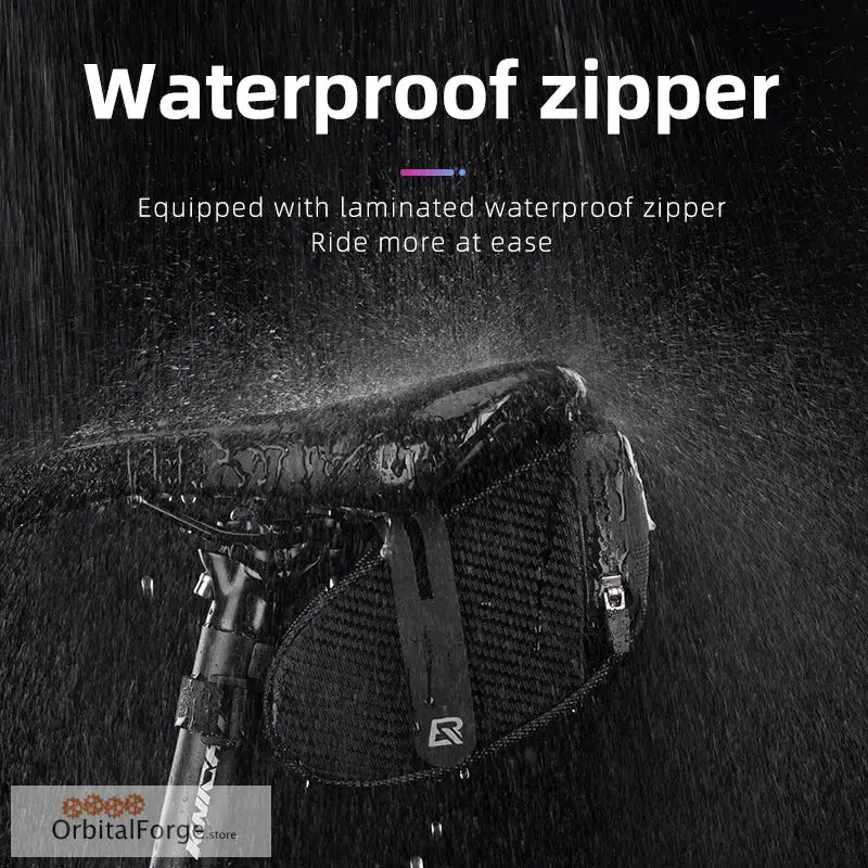 Black waterproof saddle bag with zipper closure, featuring shockproof 3D shell and reflective design