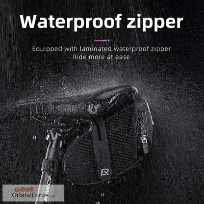 Black waterproof saddle bag with zipper closure, featuring shockproof 3D shell and reflective design