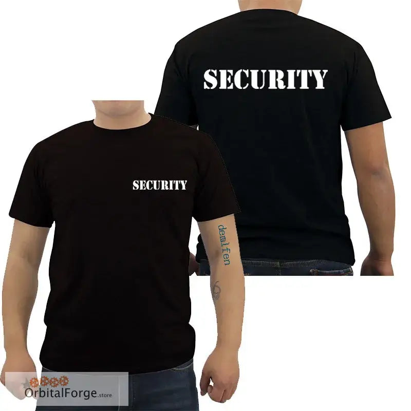 Black Security T-Shirt for Event Staff with double-sided print design on front and back