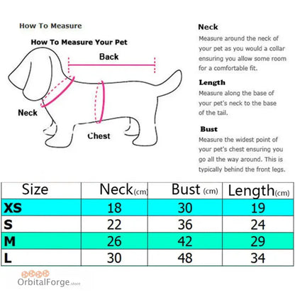 Dog measurement guide showing where and how to measure neck, chest, and back dimensions for pet sizing.