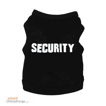 Black vest or tank top with ’SECURITY’ printed in white letters.