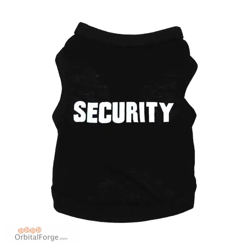 Black vest or tank top with ’SECURITY’ printed in white letters.