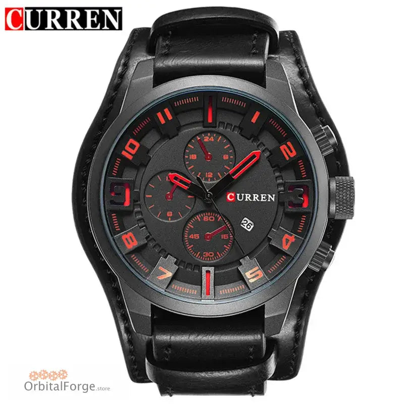 Black wristwatch with red accents and a leather band.