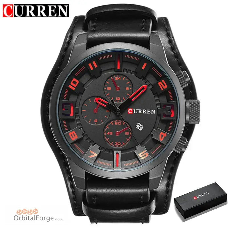 Black and red chronograph watch with leather strap and CURREN branding.