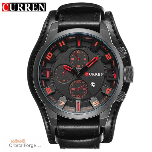 Black wristwatch with red accents and a leather band featuring the Curren brand name.