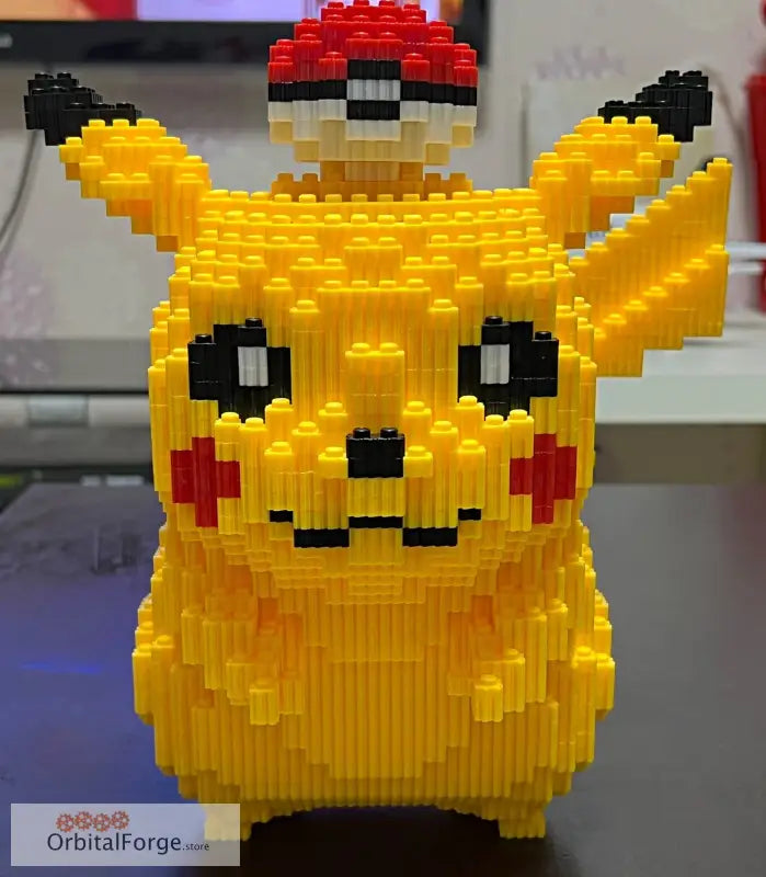 Brick-built Pikachu figure with Poké Ball.