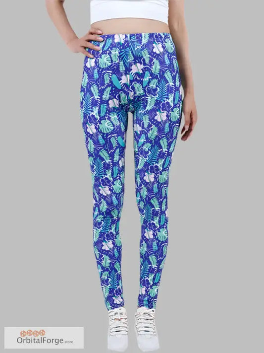 Blue and Green Cactus Camouflage Leggings for casual wear with stylish white sneakers