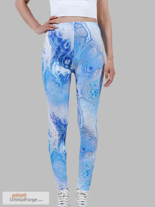 Blue and White Marble Swirl Camouflage Leggings perfect for casual wear and stylish workouts