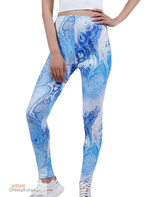 Blue and White Marble Swirl Camouflage Leggings for stylish casual wear