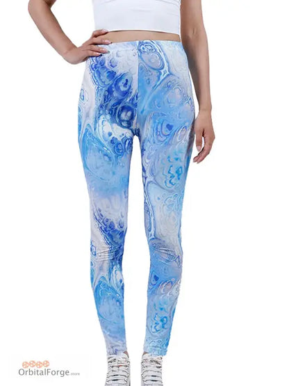 Athletic blue and white marble swirl camouflage leggings for casual wear