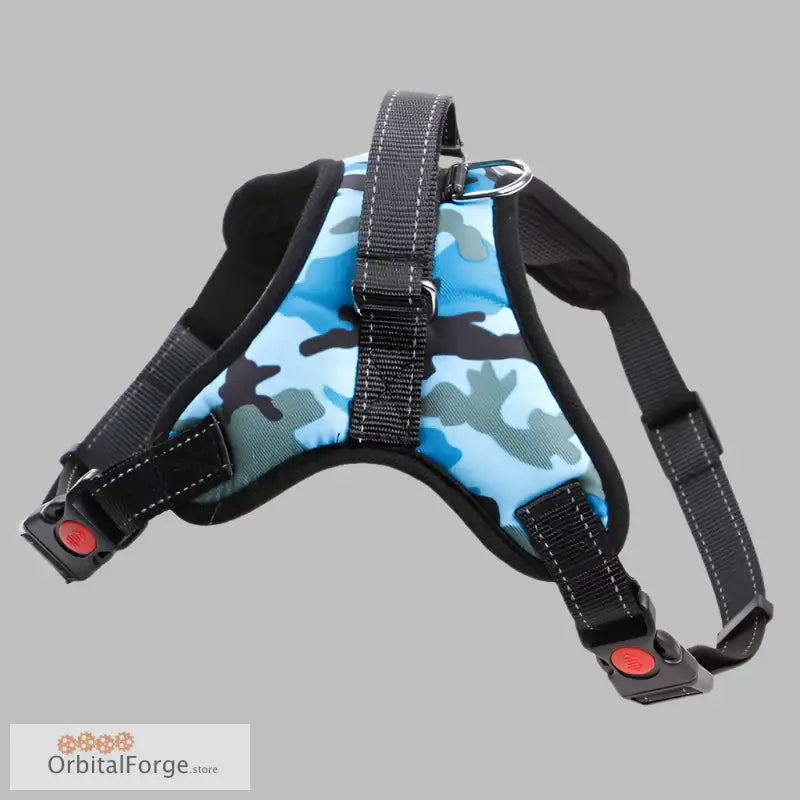 Blue camouflage dog harness with red clips and black straps made of heavy-duty nylon