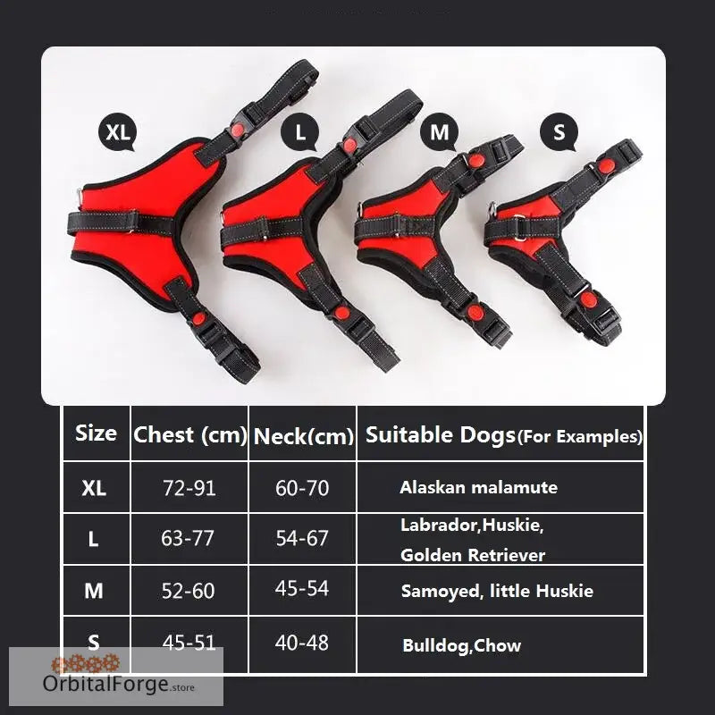 Red and black adjustable dog harnesses with size chart showing measurements for different breeds.