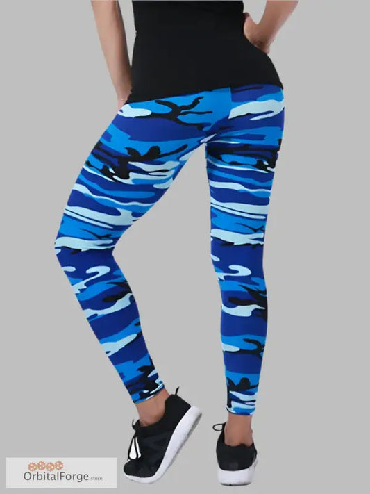 Blue camouflage leggings with slim stretch fit paired with black athletic shoes