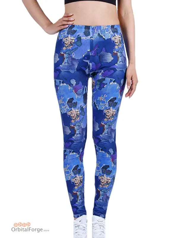 Blue Floral Camouflage Leggings with Cartoon Characters for Casual Wear and Fitness