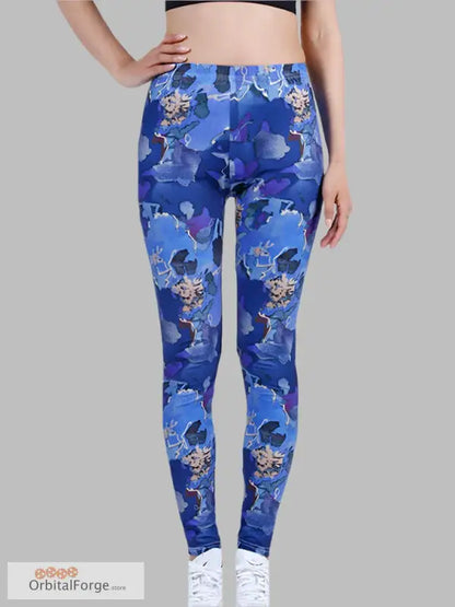 Blue floral camouflage leggings with a fitted design for casual wear and fitness