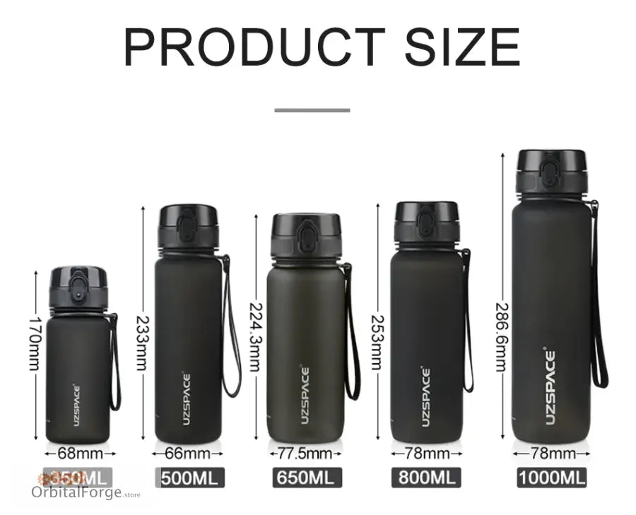 Black water bottles shown in five different capacity sizes ranging from 350ml to 1000ml.