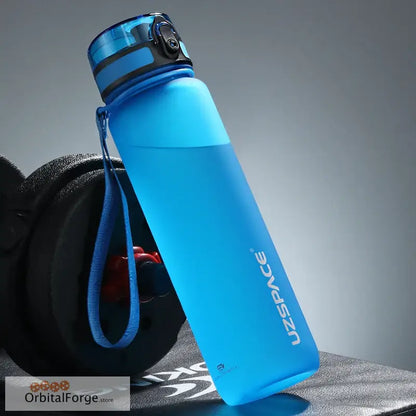 Matte blue reusable water bottle with a carrying strap.