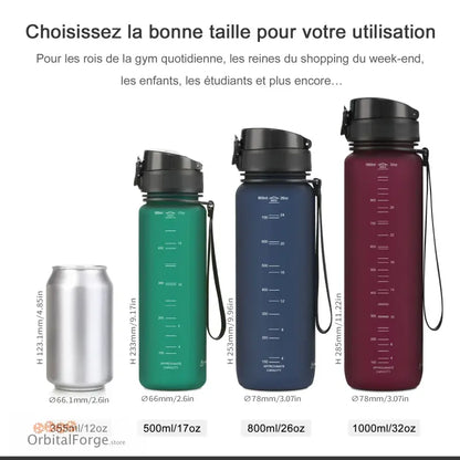 Four reusable water bottles in different colors (silver, green, navy blue, and burgundy) with measurement markings.