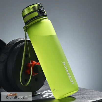 Bright lime-green reusable water bottle with a carrying strap.