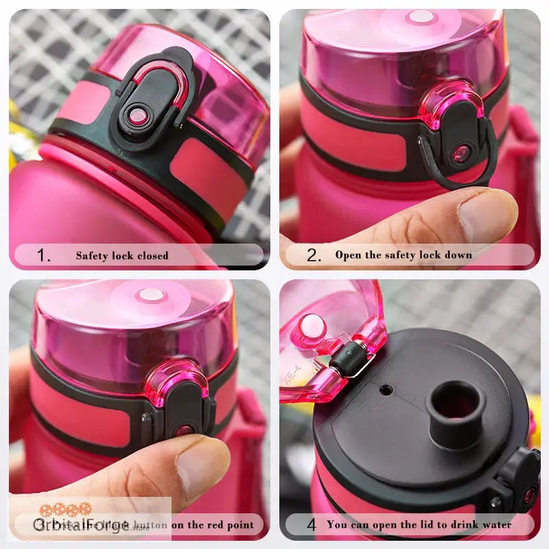 Pink water bottle with a safety lock mechanism and flip-top lid.