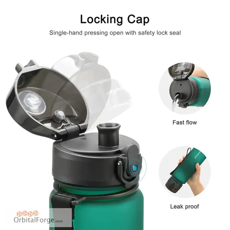 Teal and black water bottle with a locking cap mechanism and safety seal.