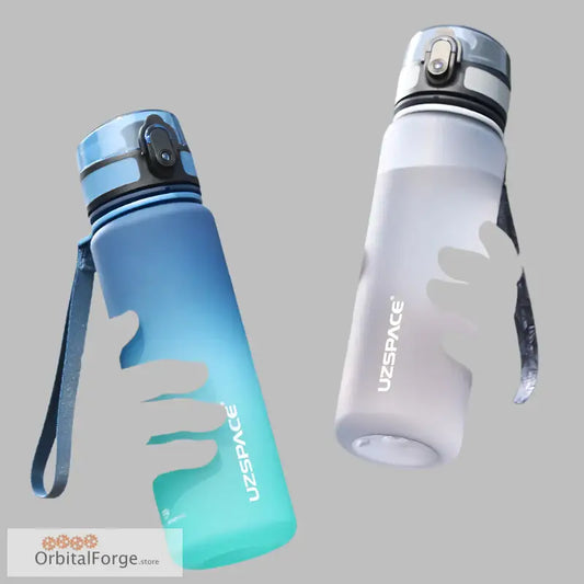 Two reusable water bottles in blue-gradient and white colors with carrying straps.