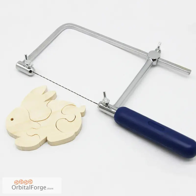 Coping saw with blue handle and wooden rabbit cutout for precision cutting tasks