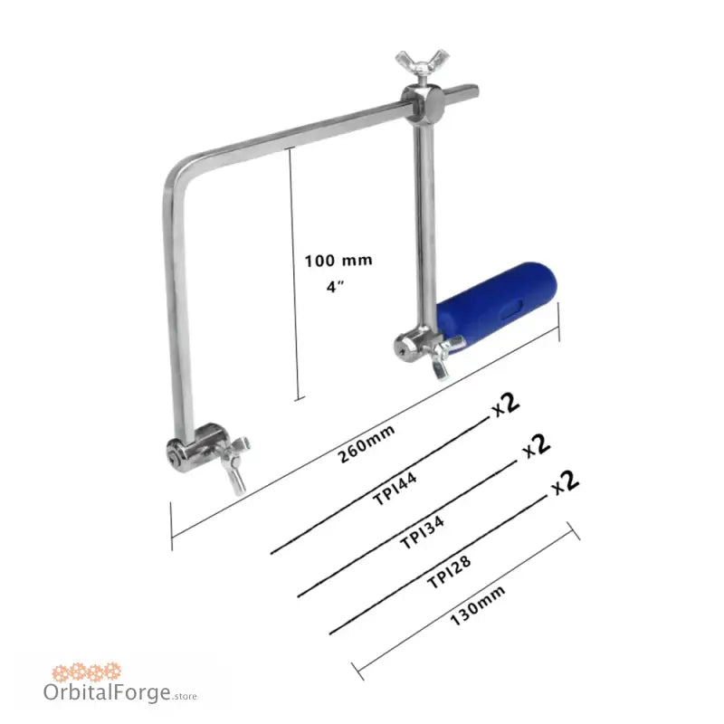 Metal coping saw with blue handle and adjustable frame for precision cutting