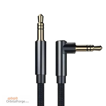 Black audio cable with straight and right-angle 3.5mm gold-plated connectors and braided nylon sleeve