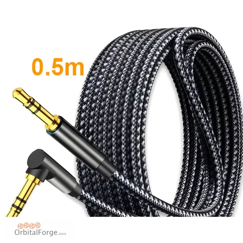 Braided audio cable with gold-plated connectors and durable nylon sleeve at 90 degrees