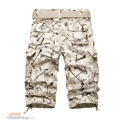 Beige cargo shorts with abstract geometric print for casual wear in breathable cotton