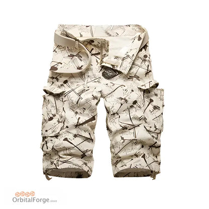 Breathable Cotton Cargo Shorts in Beige and White Abstract Camouflage for Casual Wear