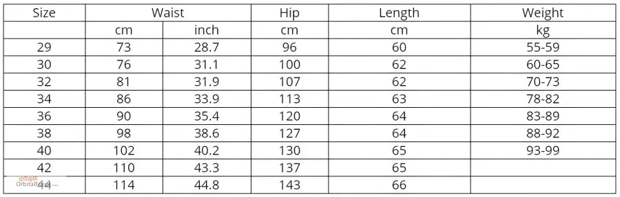 Size chart for Breathable Cotton Camouflage Cargo Shorts in Casual Wear